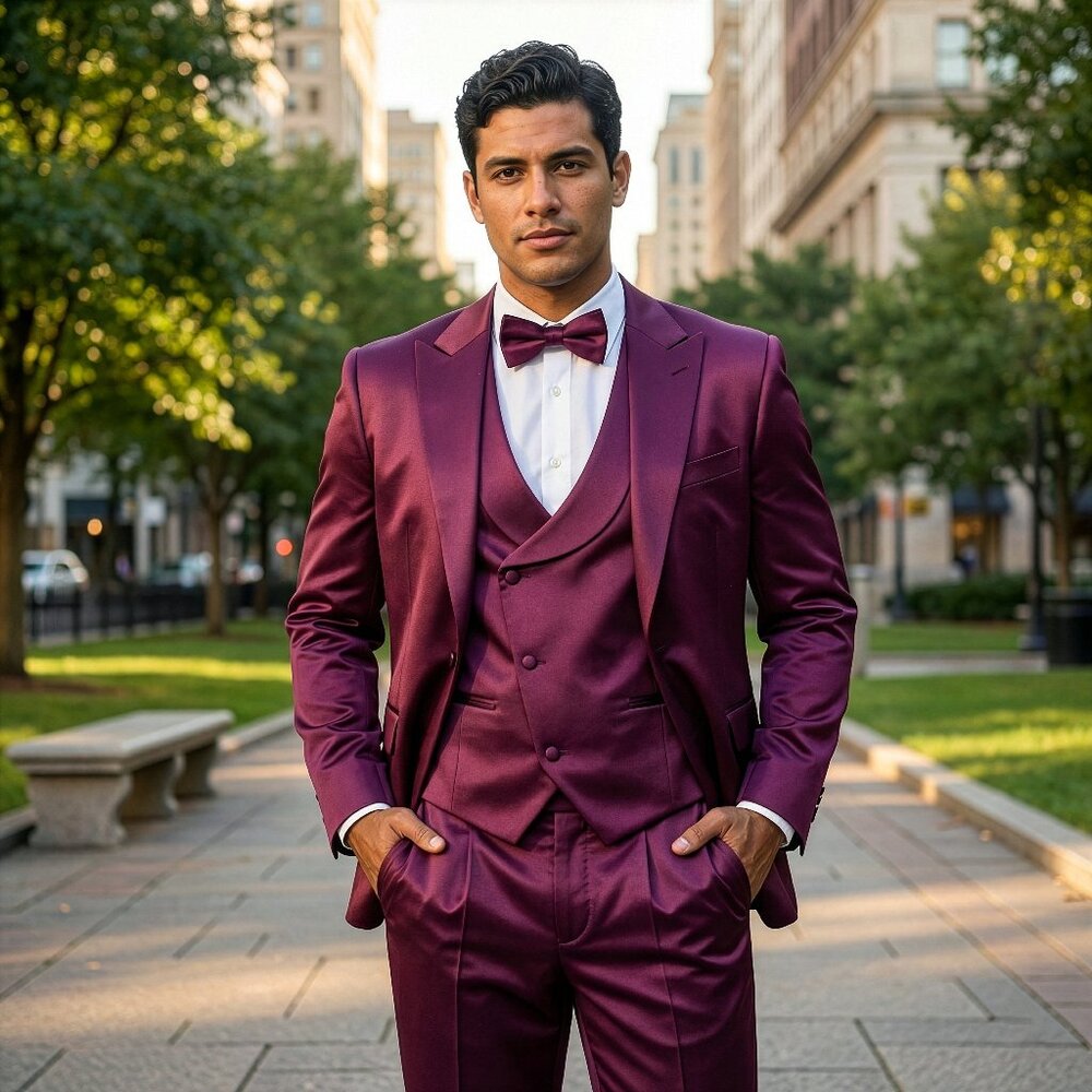 New 2026 Mens 3pc Solid Shiny Satin Purple Suit Set, Skinny Fit
